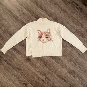 Moth cat sweater Anthropologie mock neck cream embroidered